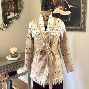 Fair Isle Fringe Lucky Brand cardigan sweater coat tan white blue brown XS Rare